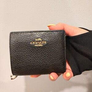 Coach Black Pebbled Leather Zip Wallet with Gold Logo Accent